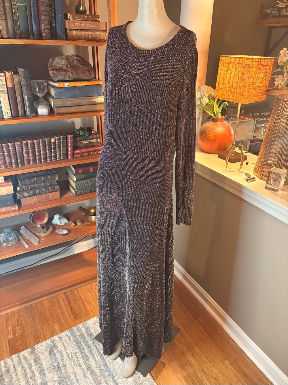 Topshop Long-Sleeve Metallic Knit Maxi Dress - Black with Iridescent
